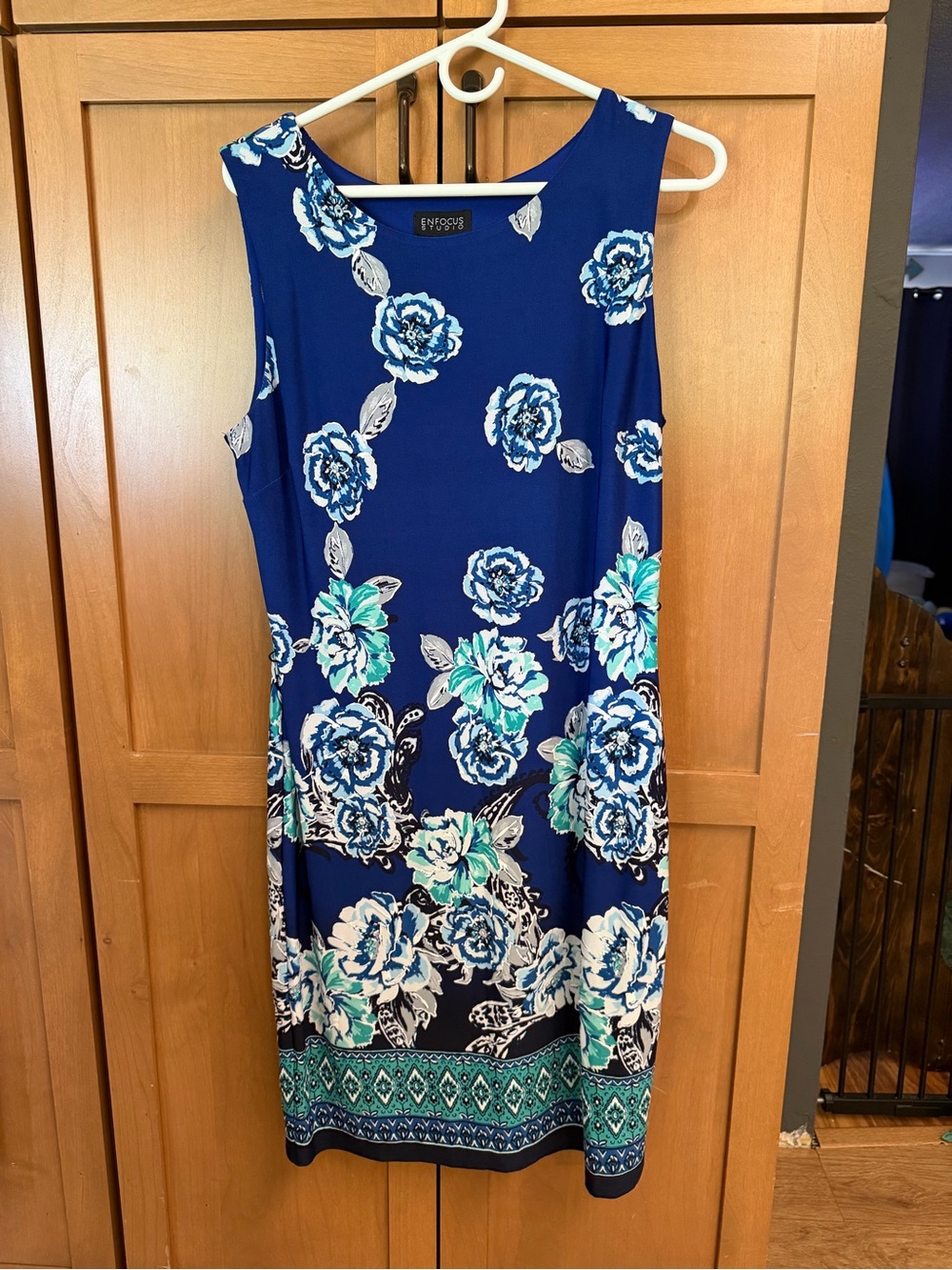Enfocus Studio Navy Floral Midi Dress with Aqua Accents
